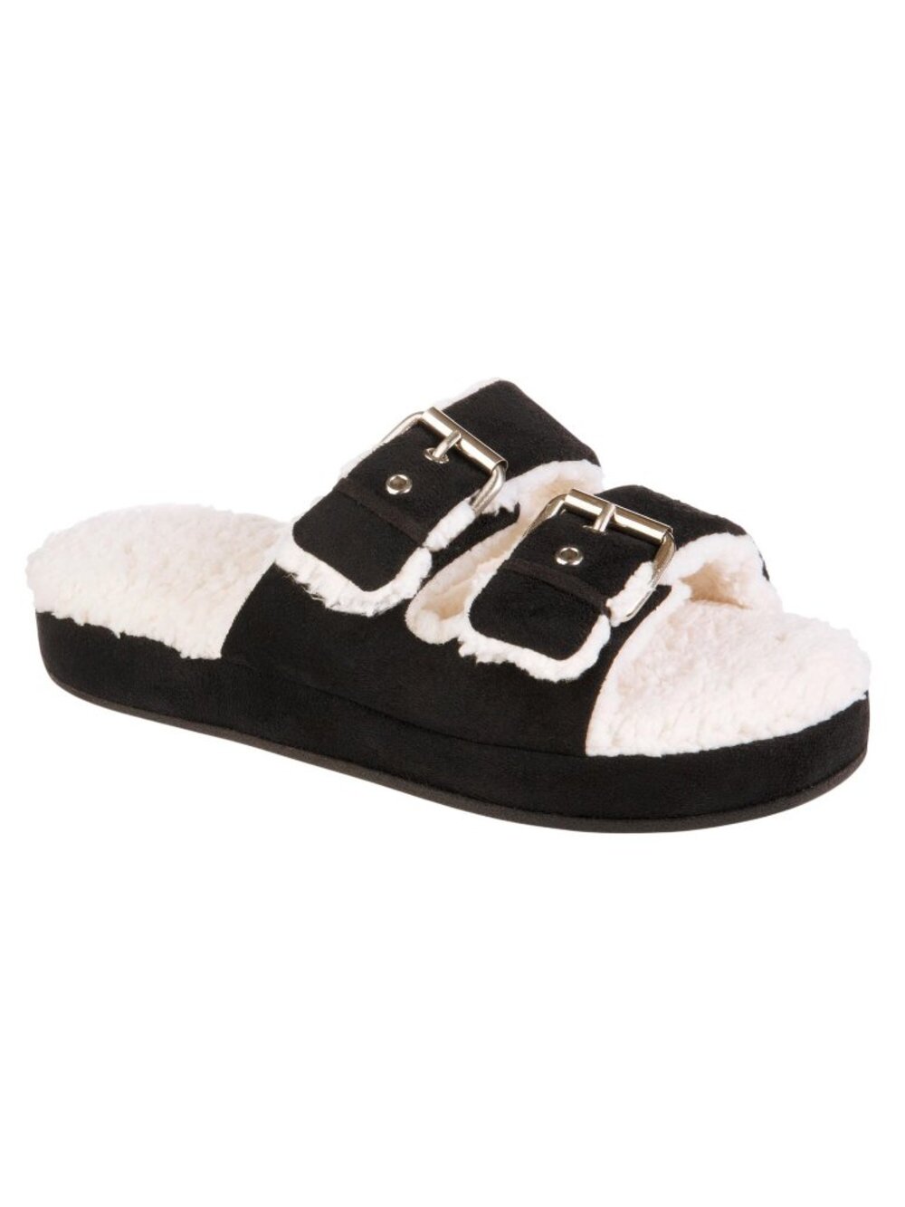 NWT Isotoner Womens Microsuede Double Buckle Slide Slippers 8532 Black S (6.5-7)